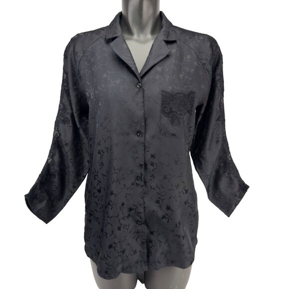 VOGUE Dessous VTG Jacquard Satin Button Front Long Sleeve Black Pajama Set Sz M - Picture 2 of 16